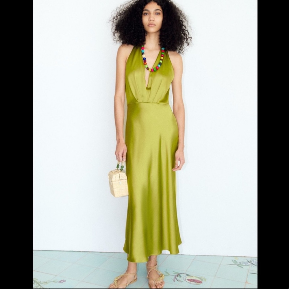 ZARA GREEN SILK HALTER DRESS